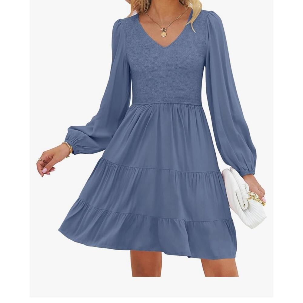ZESICA Women's Casual V Neck Long Sleeve Smocked High Waist Ruffle A Line Tiered